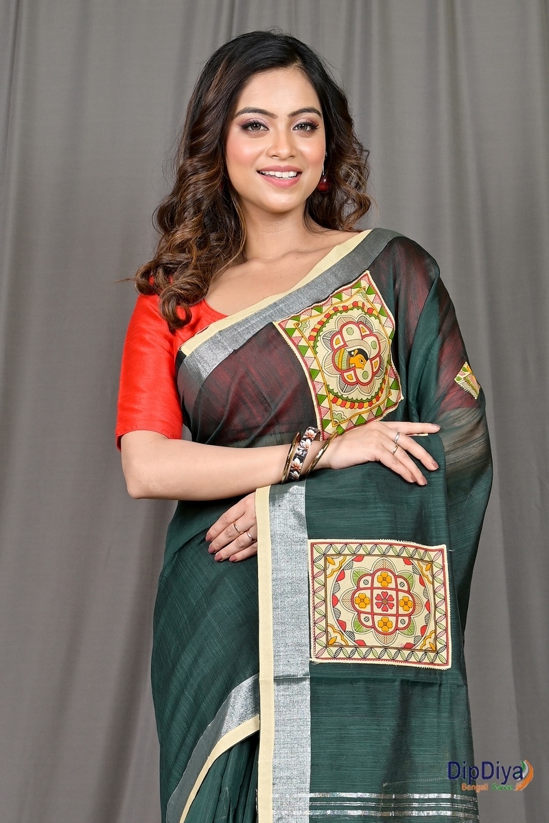 Dark Green Cotton Blended Parija Applique Saree (325)